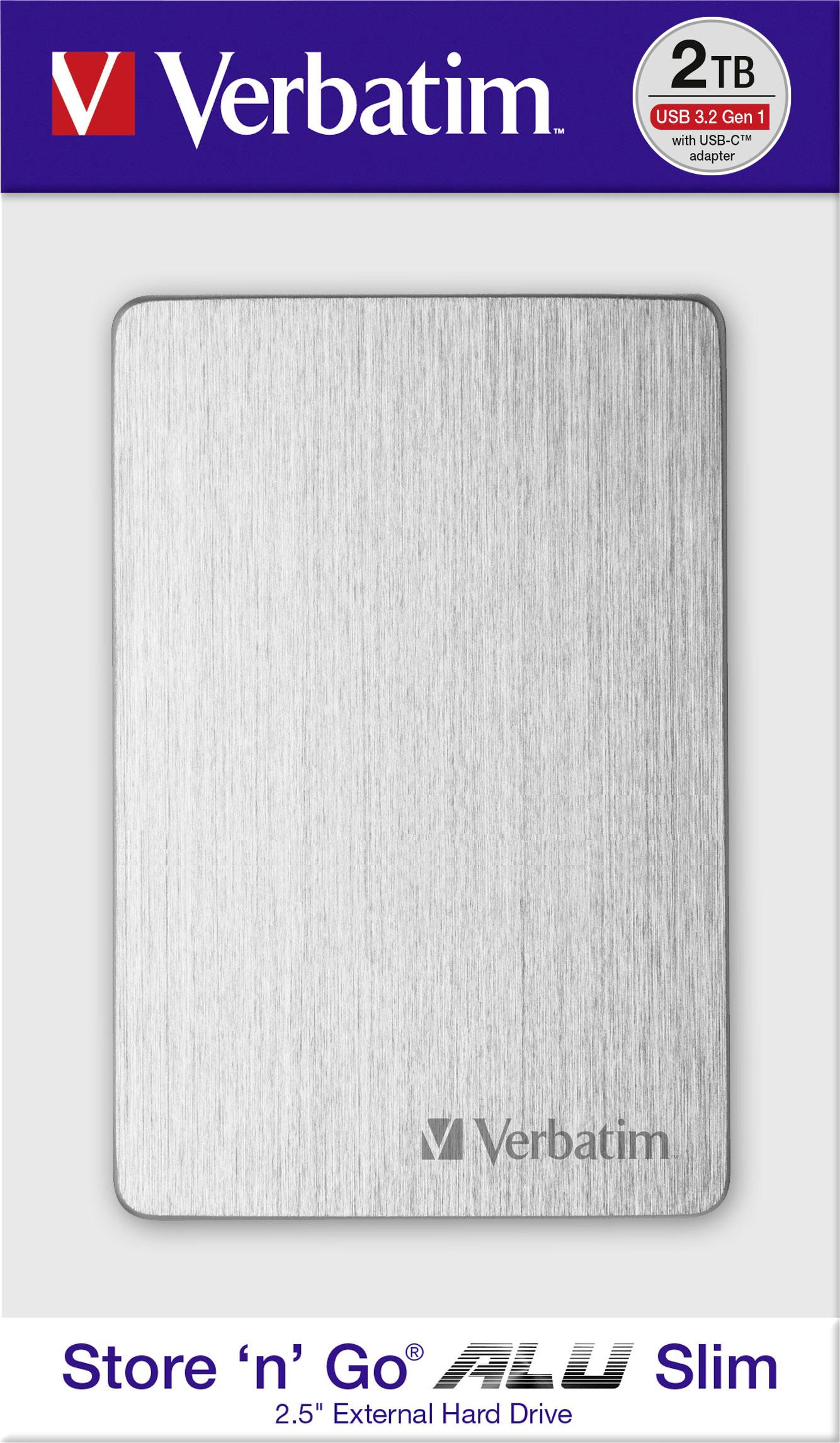 Verbatim 2TB externe harde schijf Store 'n' Go ALU Slim, USB 3.2 Gen 1, zilverkleurig, rechthoekig ontwerp, merklogo linksboven.