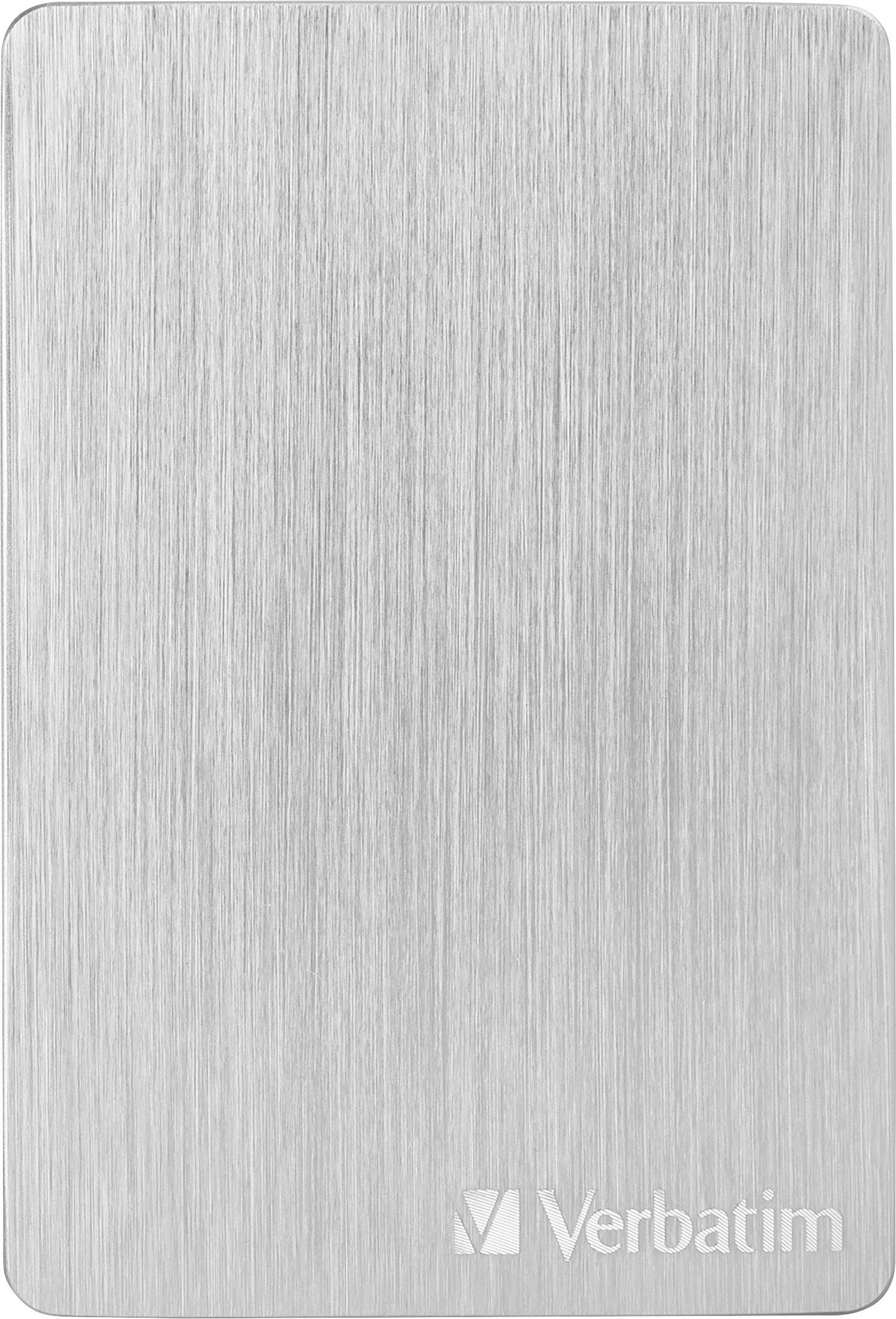 Externe harde schijf in zilveren behuizing met 'Verbatim'-logo rechtsonder. Gladde, verticaal gestreepte oppervlakte.