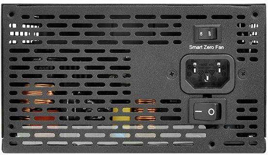 Een computervoeding met ventilatierooster en meerdere schakelaars, waaronder een aan/uit-schakelaar en een 'Smart Zero Fan'-schakelaar.