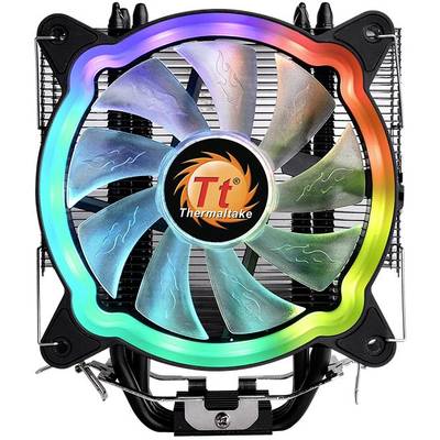 PC-ventilator van Thermaltake met transparante vleugels en RGB-verlichting in regenboogkleuren, geschikt voor computerkoeling.