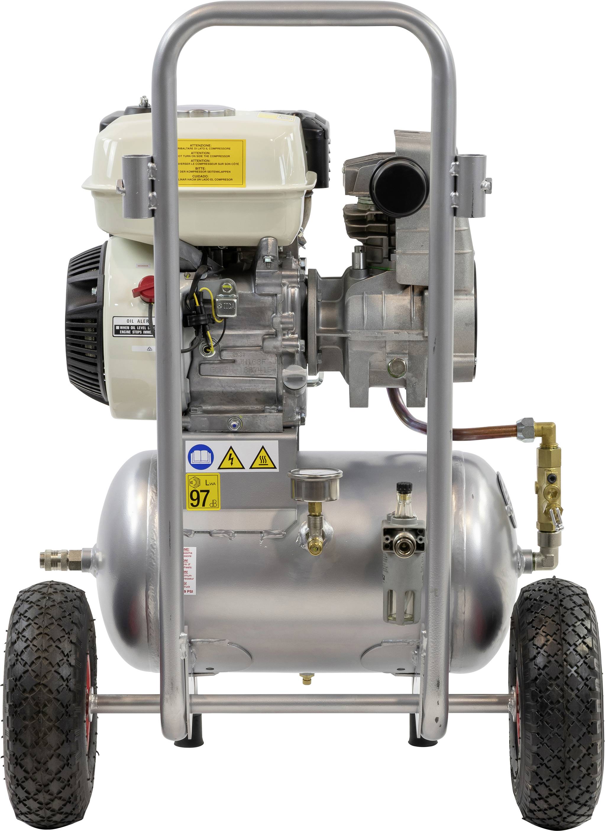 'Een mobiele compressor met metalen frame en twee wielen, zichtbare motor en drukvat, geschikt voor verschillende buitentoepassingen.'