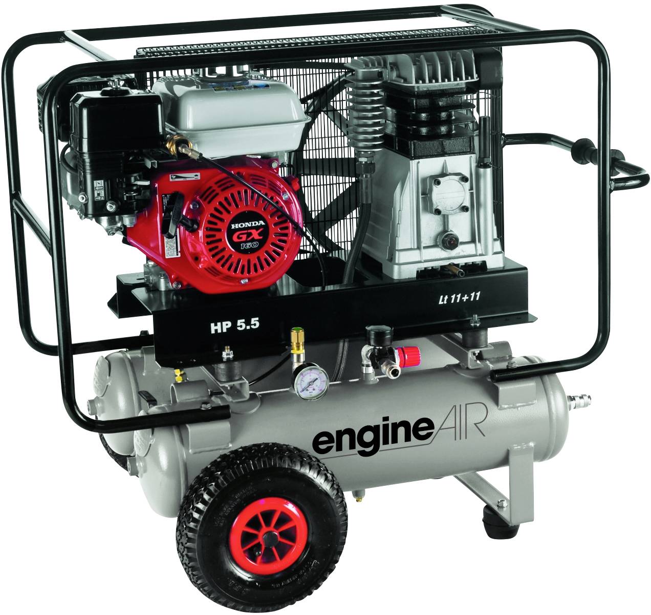 Een mobiele luchtcompressor met rode motor en zwart beschermframe op wielen. Merk 'engineAIR', model HP 5.5.