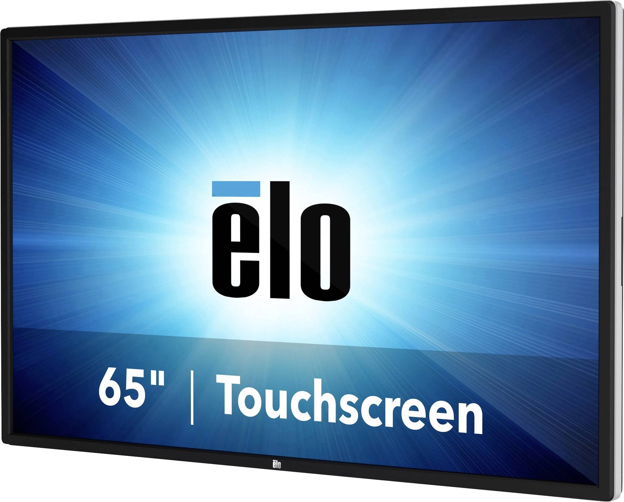 'elo'-logo op een blauwe achtergrond. Daaronder staat '65" | Touchscreen'.