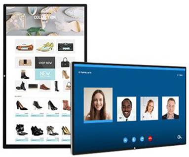 Een scherm toont een online schoencollectie met meerdere productpictogrammen. Een ander scherm vertoont een videoconferentiegesprek met vier personen.