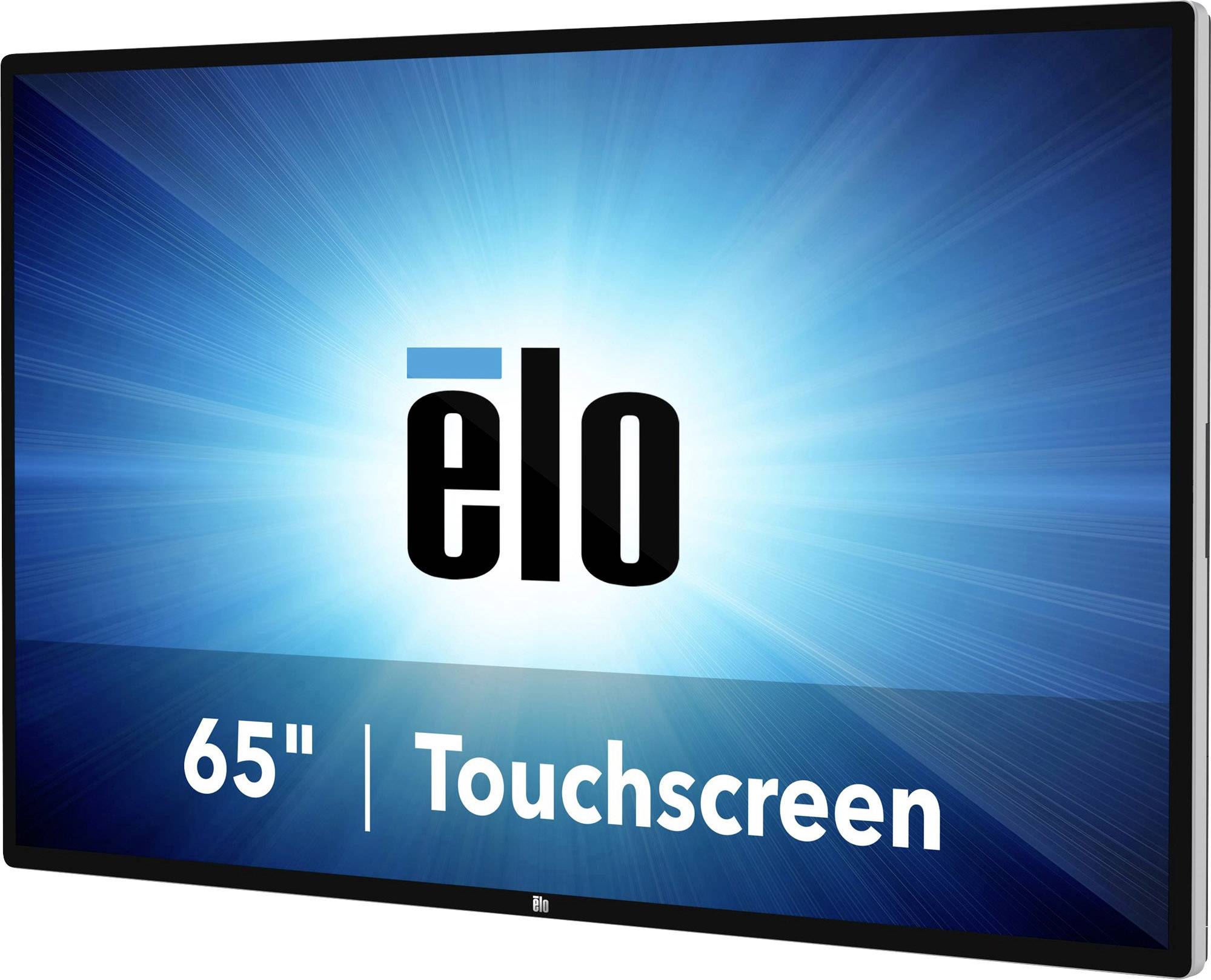 Een 65-inch touchscreen-monitor van Elo, met een helder verlicht scherm, waarbij het Elo-logo centraal is gepositioneerd.