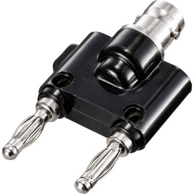 Een zwarte elektronische adapter met twee zilveren aansluitingen en een metalen stekker bovenaan, op een witte achtergrond.