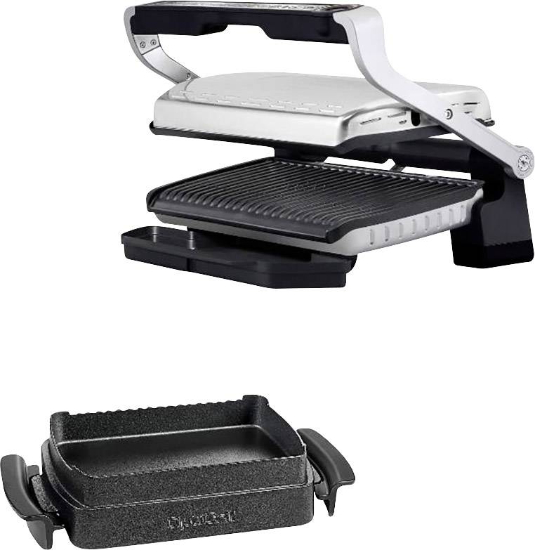 Een geopende contactgrill met geribde grillplaten en een uitneembare opvangbak eronder, geschikt voor het grillen van broodjes en vlees.