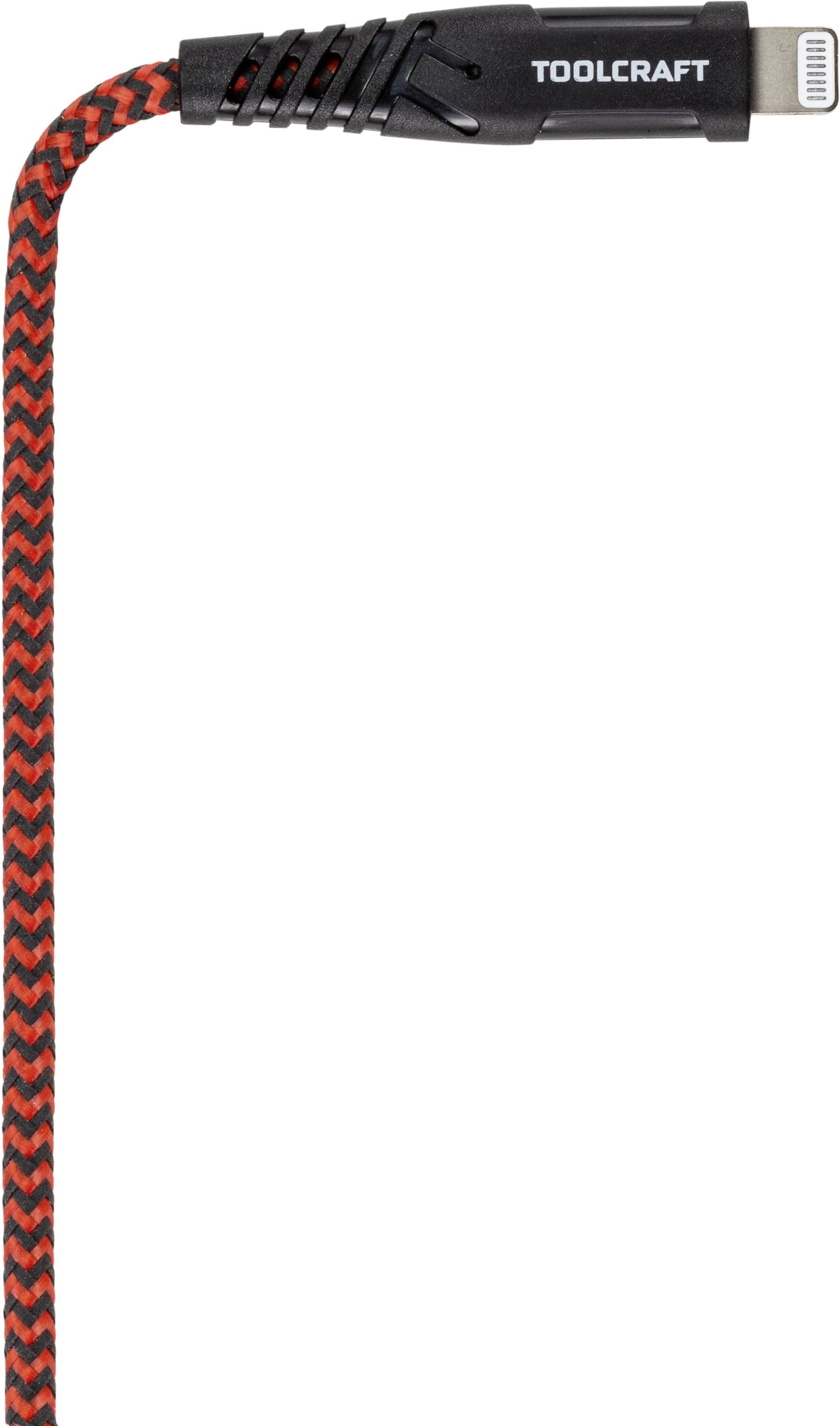 Gevlochten oplaadkabel in zwart en rood met zilveren aansluiting, merk 'TOOLCRAFT' op de stekker.
