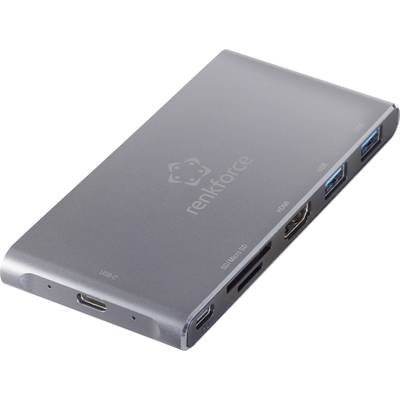 Een USB-C-hub in het grijs met meerdere aansluitingen, inclusief SD-kaartlezer, USB-A, HDMI en USB-C.