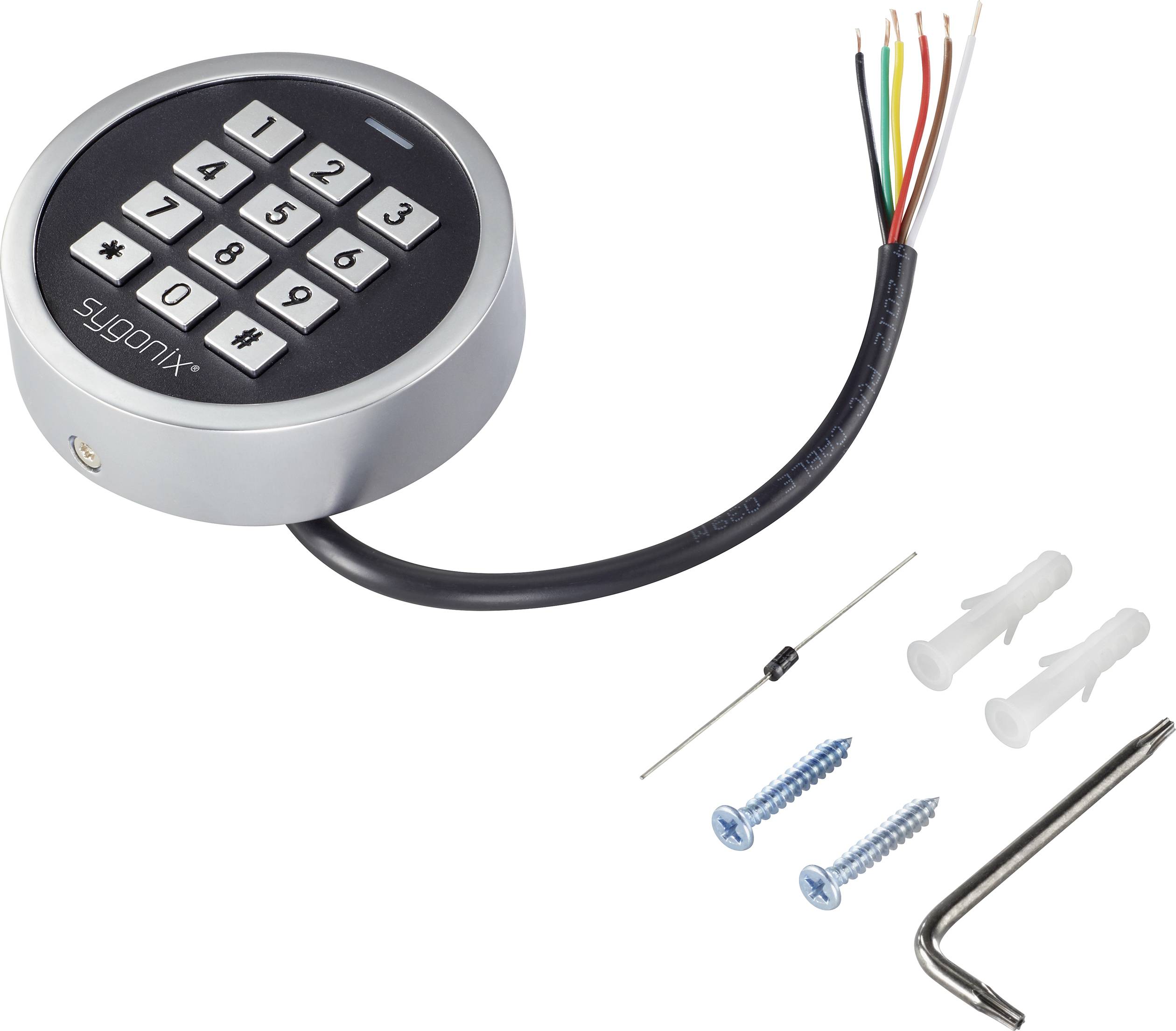 Elektronisch deurslot met rond toetsenblok en kabel. Bevat schroeven, pluggen, inbussleutel en weerstand voor installatie.