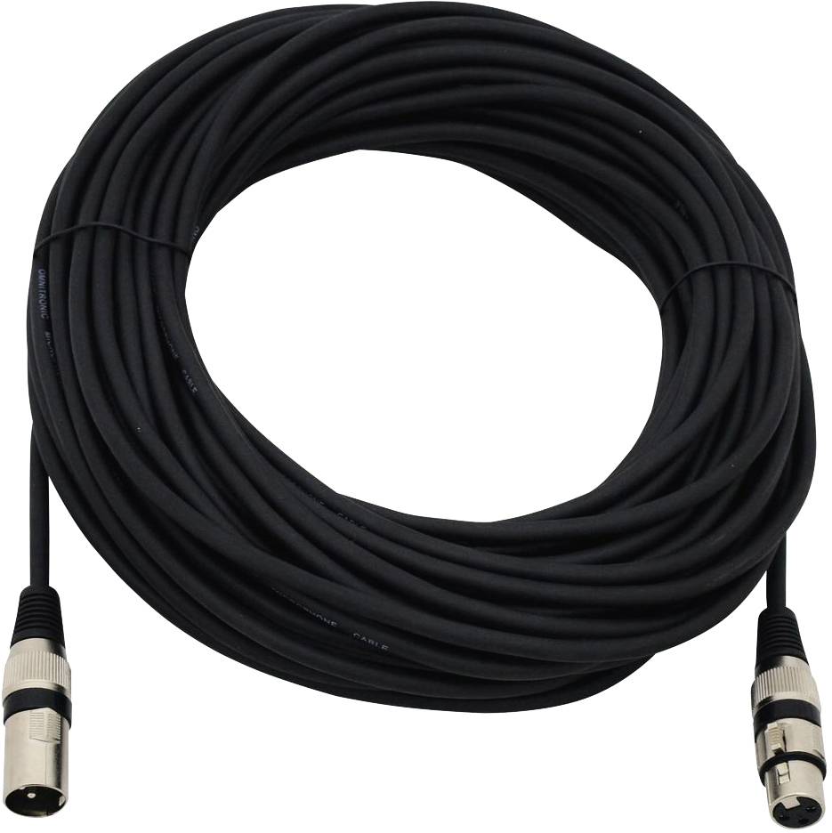 Zwart XLR-audiokabel, gewikkeld en klaar voor gebruik in audio-apparatuur voor geluidsoverdracht.