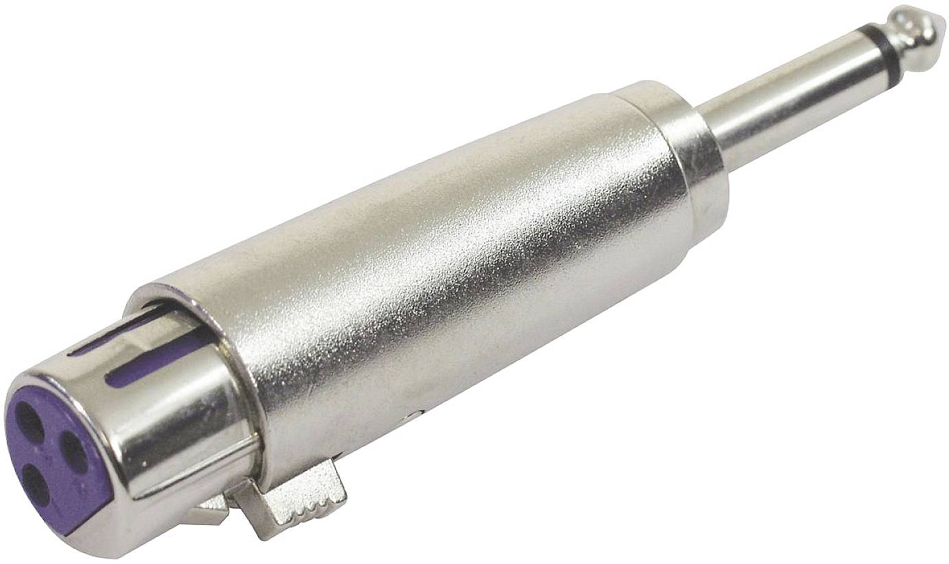 Een adapterstekker met een zilveren metalen behuizing en een audio-jackplug aan de ene kant en een meerpolige aansluiting aan de andere kant.