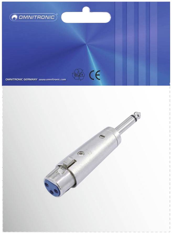 XLR-jack-adapter van Omnitronic in zilverkleurige uitvoering in een verpakking. Merklogo en CE-markering bovenaan.