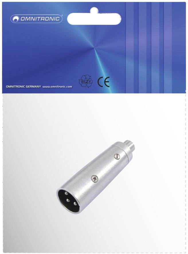 XLR-adapter van Omnitronic in originele verpakking met blauwe vormgeving en logo. Adapter van metaal, geschikt voor audioverbindingen.
