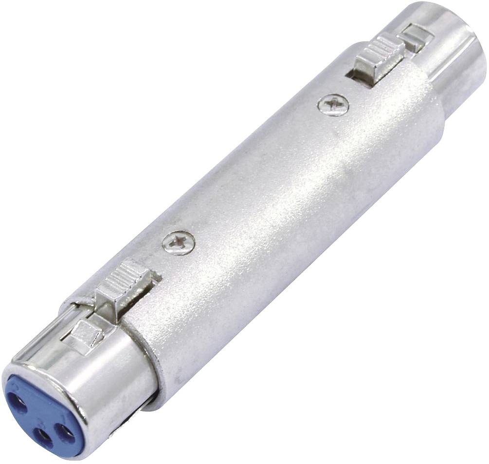 Adapter met XLR-connectoren voor het verbinden van audiokabels; aan de ene kant een 3-polige bus, aan de andere kant een 3-polige stekker.