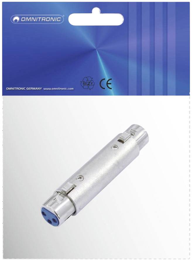 Een metalen audio-adapterconnector in een productverpakking van Omnitronic, geschikt voor het verbinden van twee audiokabels.