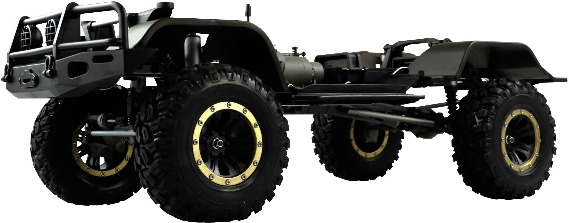 Een robuuste voertuigchassis met grote, terreinvaardige banden. Het frame lijkt ontworpen te zijn voor zware offroad-toepassingen.