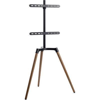 Zwarte tv-standaard met bruine houten poten, geschikt voor het bevestigen van een flatscreen, met verstelbare beugel.
