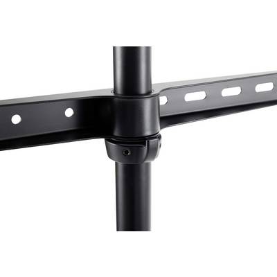 Close-up van een zwarte metalen beugel die twee buizen verbindt, met meerdere bevestigingsgaten op een dwarsbalk.
