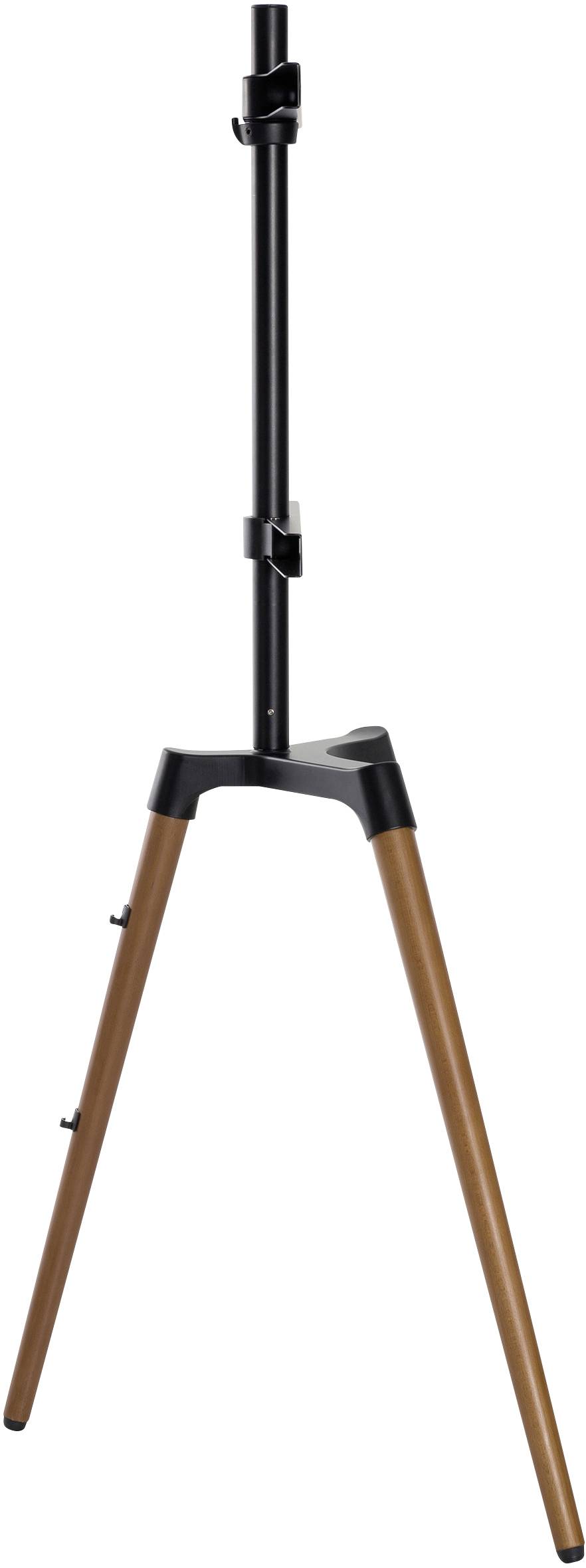 Statief met flexibele, houten benen en verstelbare metalen stang, geschikt voor camera's of schijnwerpers.