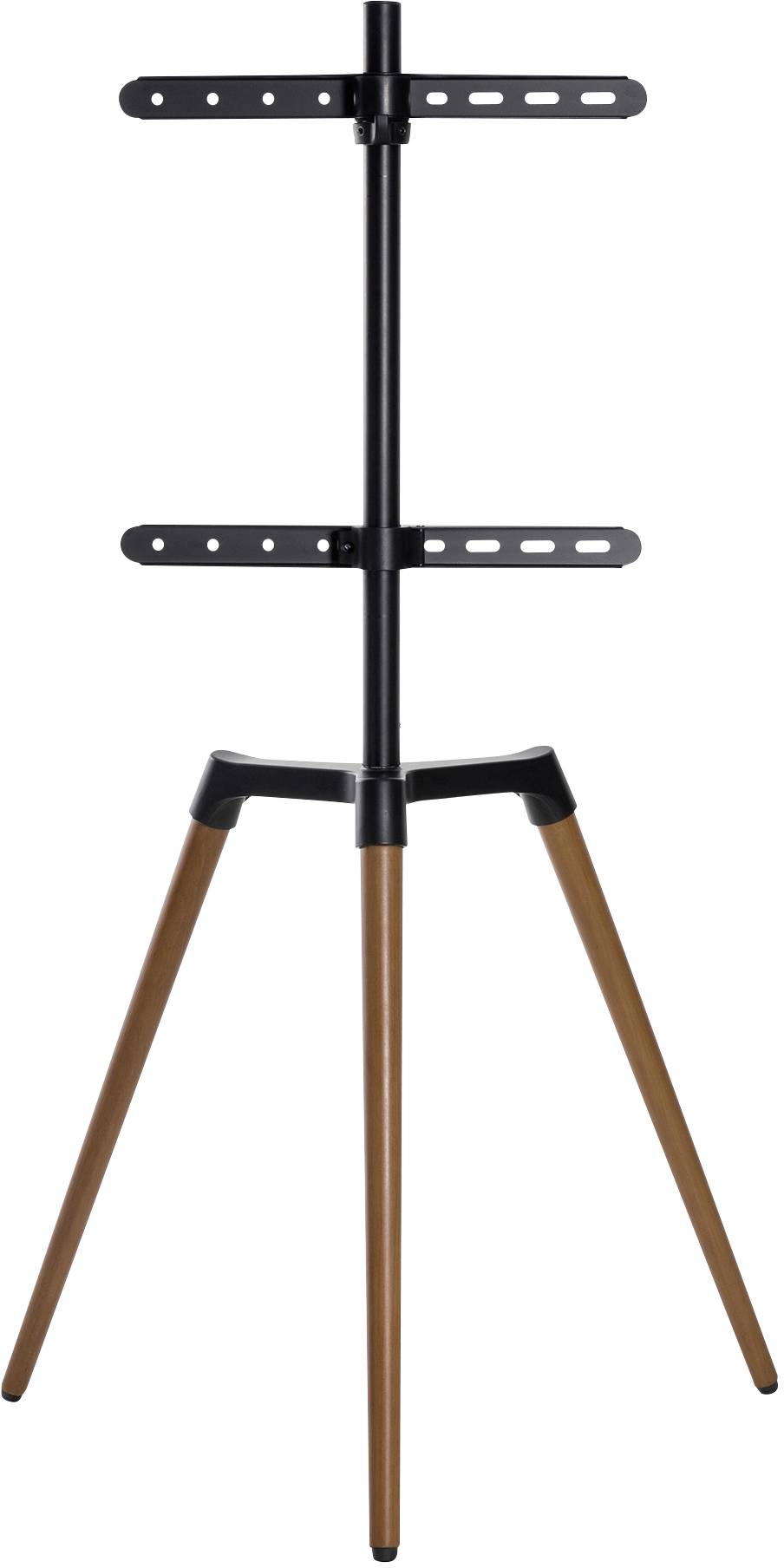 Een tv-standaard met drie houten poten en een zwart metalen frame, geschikt voor het bevestigen van een televisie.