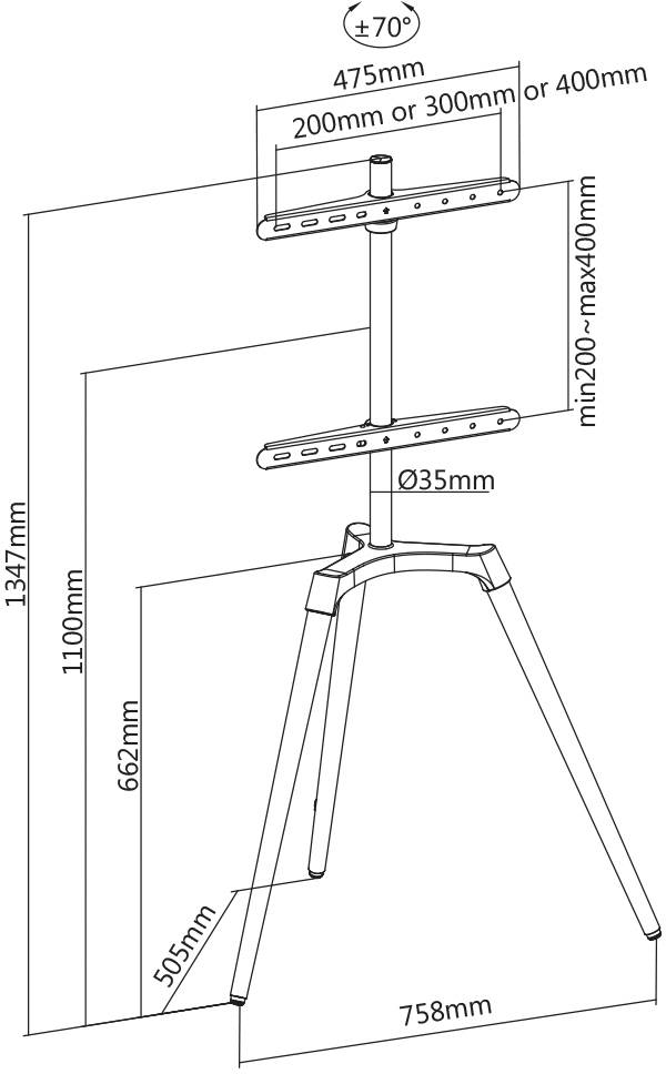 Diagram van een statief met afmetingen: hoogte 1347 mm, breedteopties 200-400 mm, basis 758 mm, hoekinstelling ±70°.