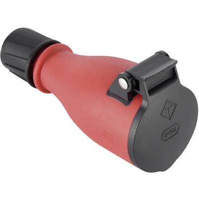 Rode en zwarte elektrische connector met IP54-beschermingsgraad, geschikt voor buitengebruik, toont bescherming tegen stof en spatwater.