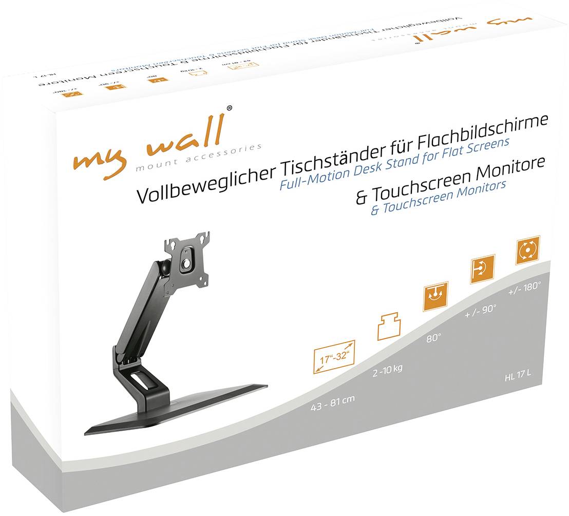 Een verpakking met een volledig beweegbare tafelstandaard voor flatscreens en touchscreenmonitors, geschikt voor 17"-32" displays.