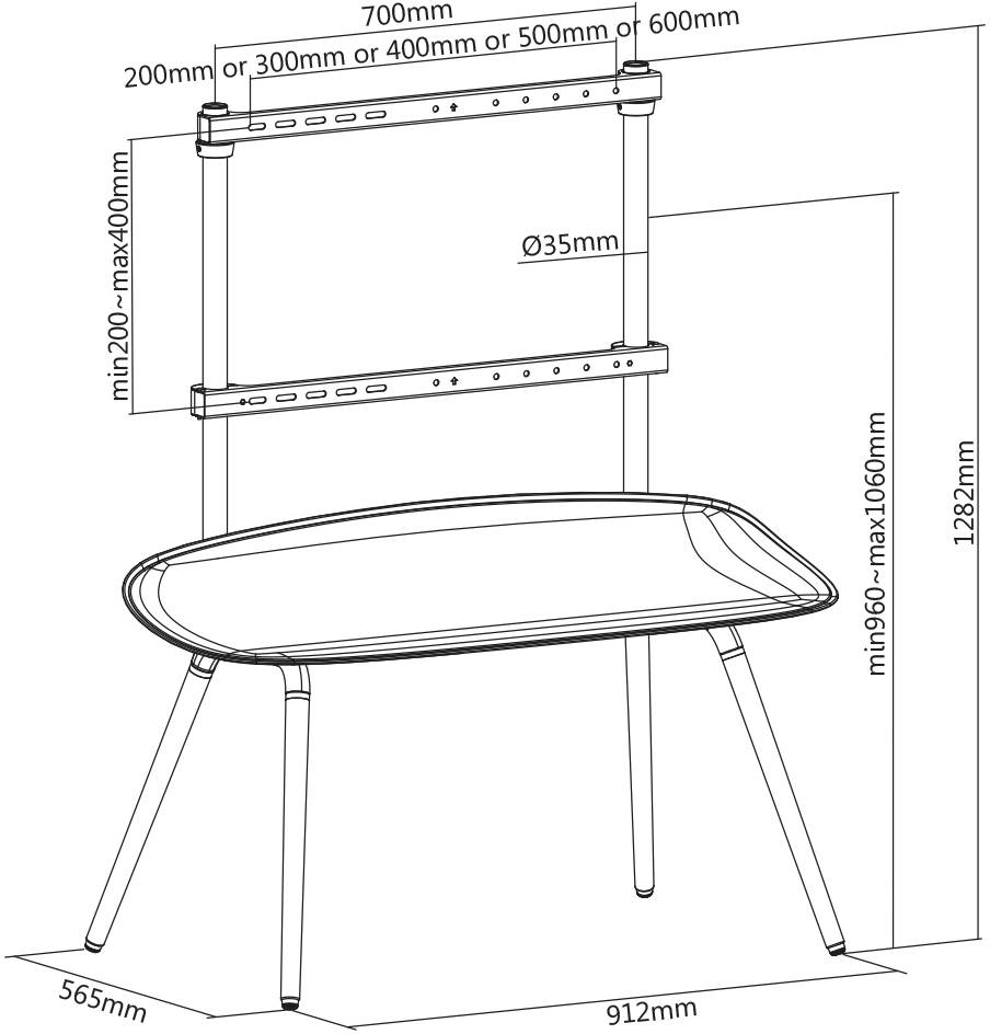 Technische tekening van een tafel met afmetingen: 912 mm lengte, 565 mm breedte, 1282 mm hoogte. Gebogen tafelblad, in hoogte verstelbaar frame.