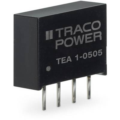 Zwart-grijze TRACO POWER TEA 1-0505 spanningsomvormer met vier metalen pinnen, gebruikt voor spanningsomzetting in elektronische apparaten.