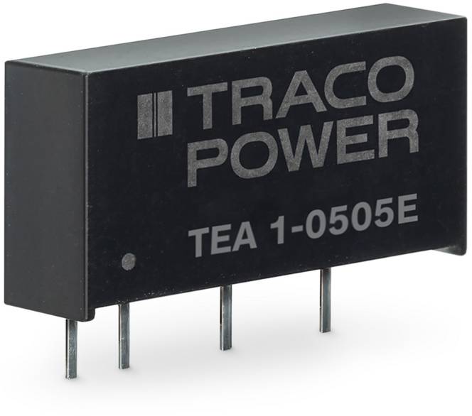 Een zwart elektronisch onderdeel van 'Traco Power', model 'TEA 1-0505E', met vier aansluitpennen, tegen een witte achtergrond.