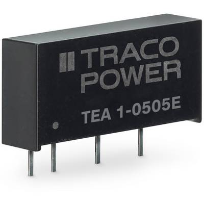 Een zwart elektronisch onderdeel van 'Traco Power', model 'TEA 1-0505E', met vier aansluitpennen, tegen een witte achtergrond.