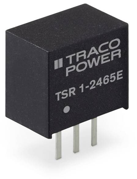 Een compacte spanningsregelaar met het opschrift 'TRACO POWER TSR 1-2465E' en drie aansluitpoten toont een technisch component voor elektronische schakelingen.