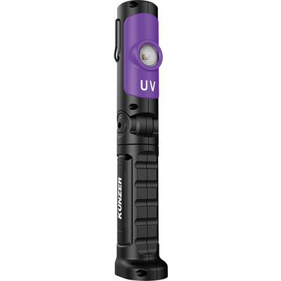 Een zwarte zaklamp met een violet behuizingselement, LED-verlichting en de opdruk 'UV'. Geschikt voor gebruik in werkplaatsen.
