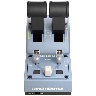 Blauwe Throttle-Quadrant van Thrustmaster in Airbus-stijl met twee zwarte hendels voor vliegsimulatoren.