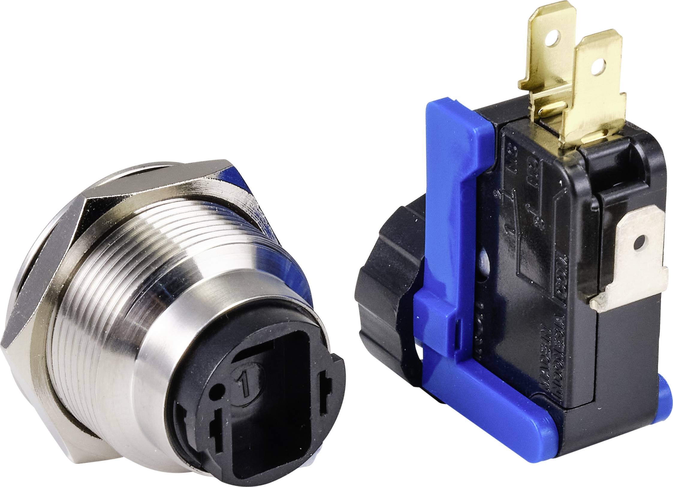 Metalen schakelaar zonder bedieningsknop naast microswitch. De metalen schakelaar heeft een schroefdraad en een zwarte kunststof bus.