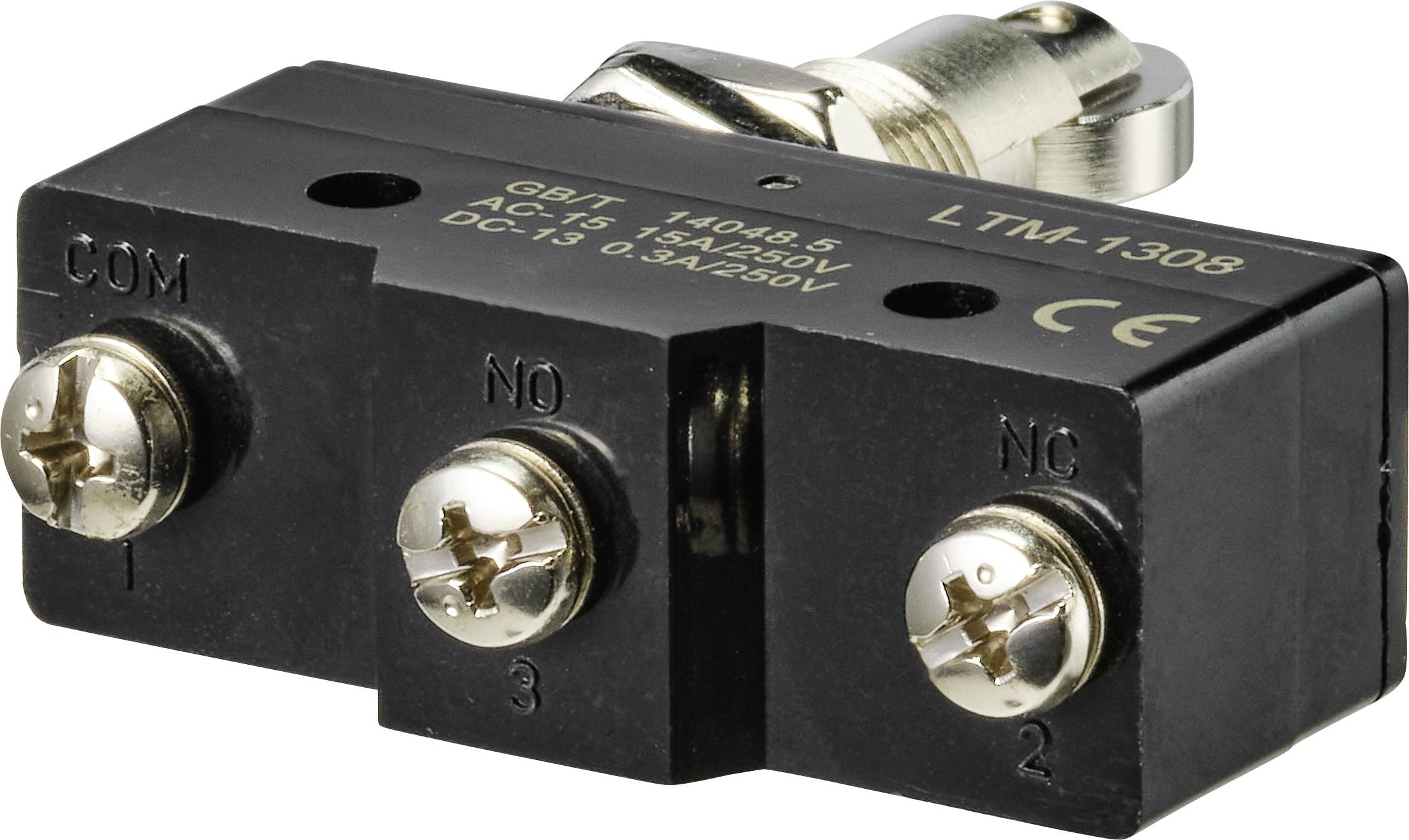 Zwarte microswitch met drie schroefklemmen, gemarkeerd als COM, NO en NC, met een hefboomarm bevestigd met metaal. Model LTM-1308.