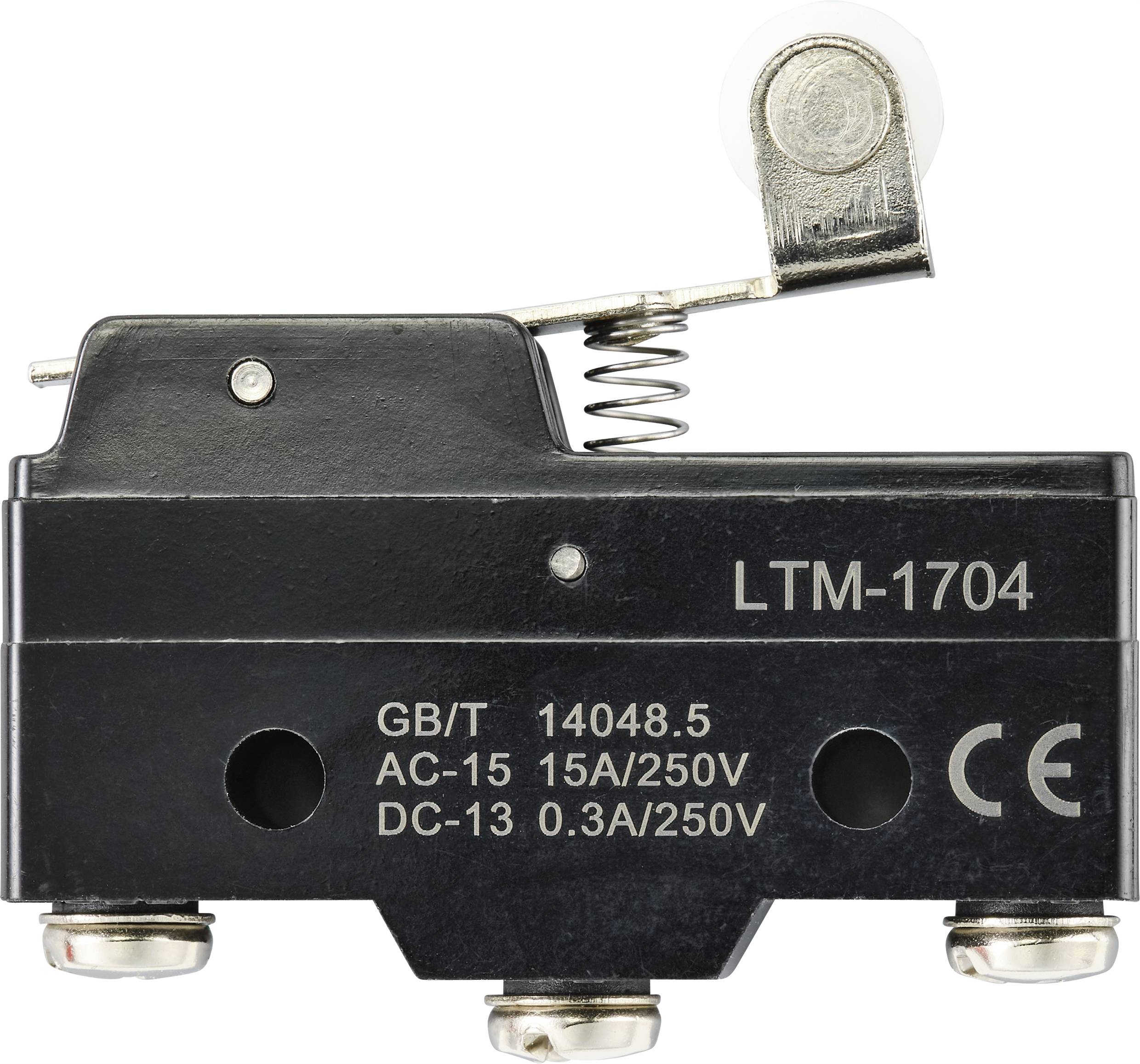 Een zwarte microswitch met de opdruk 'LTM-1704' en elektrische specificaties: AC-15 15A/250V, DC-13 0,3A/250V.