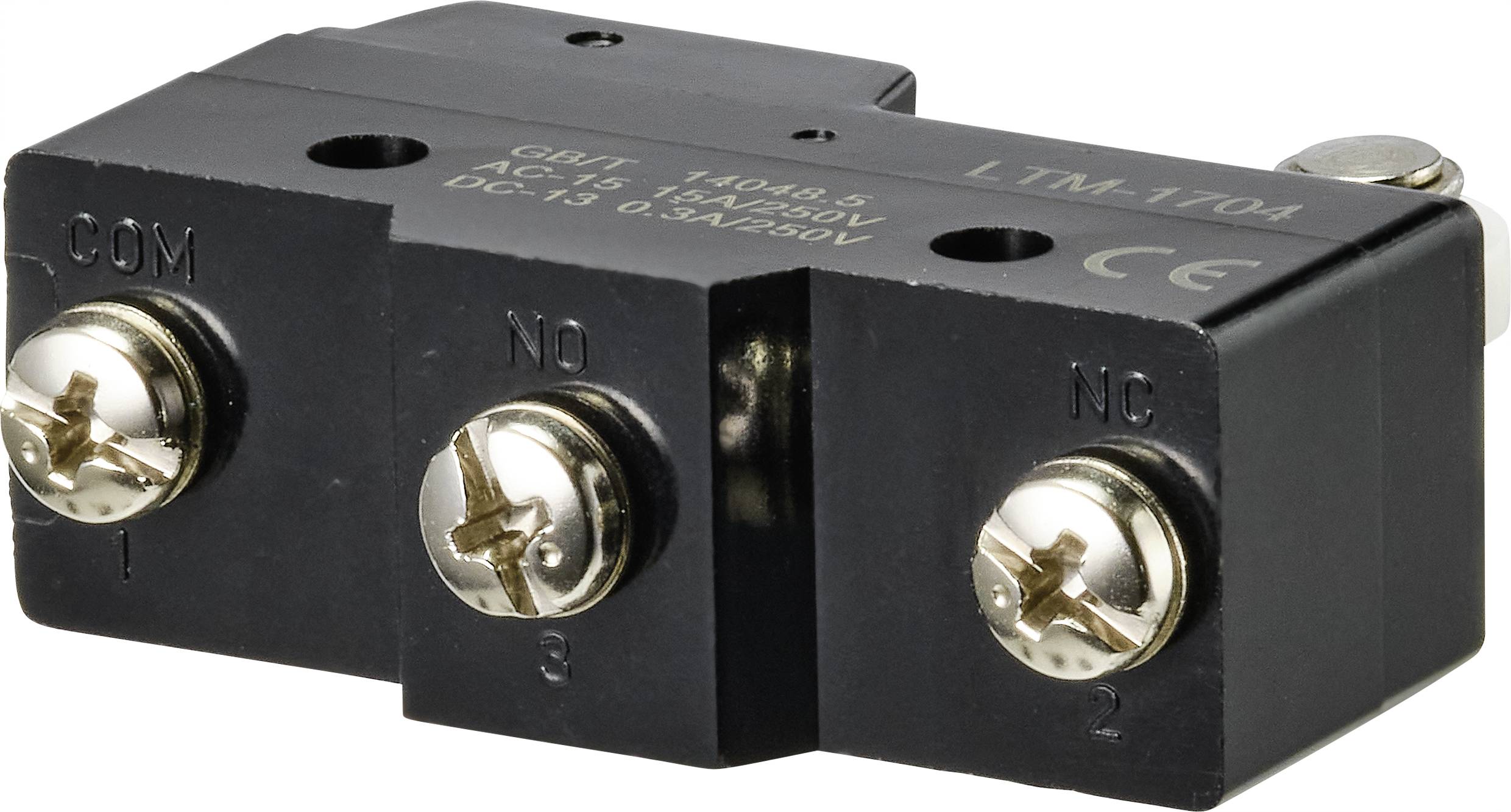 Zwarte microswitch met drie aansluitingen (COM, NO, NC), herkenbaar aan de opdruk 'LTM-1704'. Geschikt voor 250V AC, 5A.
