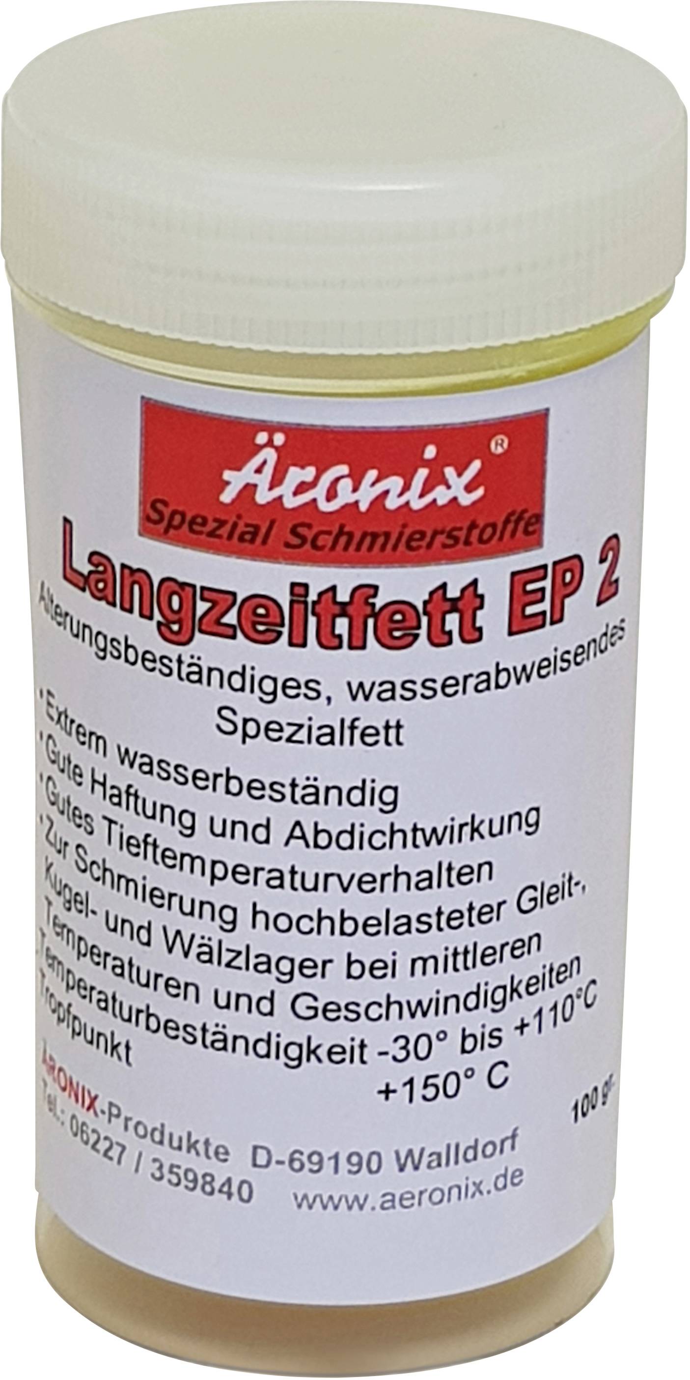 Container met 'Aeronix Speciaal Smeermiddel Langdurig Vet EP 2'. Geschikt voor extreme omstandigheden, waterbestendig tot +150°C.