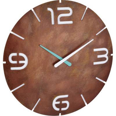 Wandklok met een bruin, rustiek wijzerblad, grote witte cijfers (3, 6, 9, 12) en een turquoise secondewijzer.
