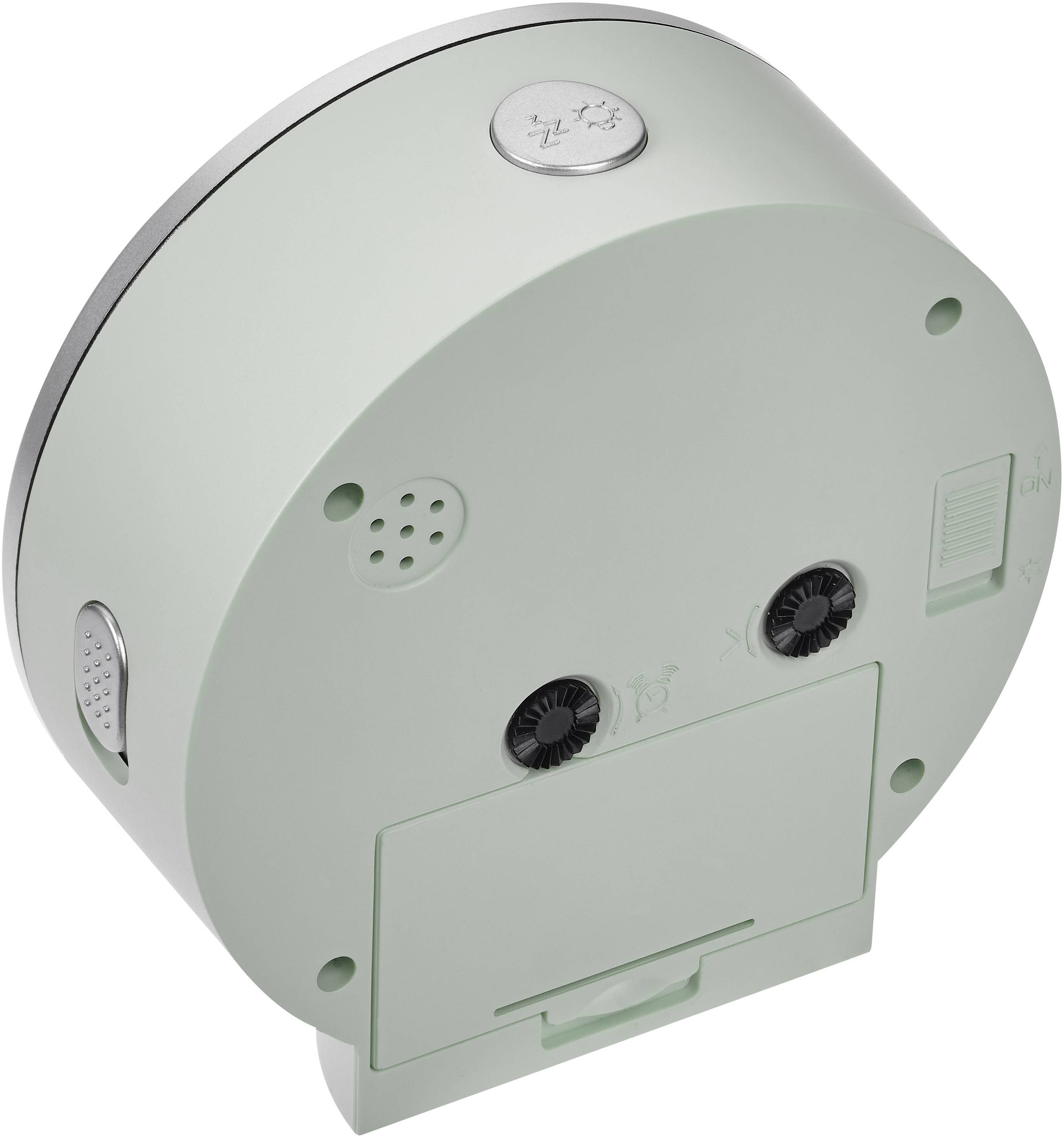 Een rond, groen elektronisch apparaat met meerdere knoppen en een luidspreker. Het lijkt multifunctioneel te zijn.