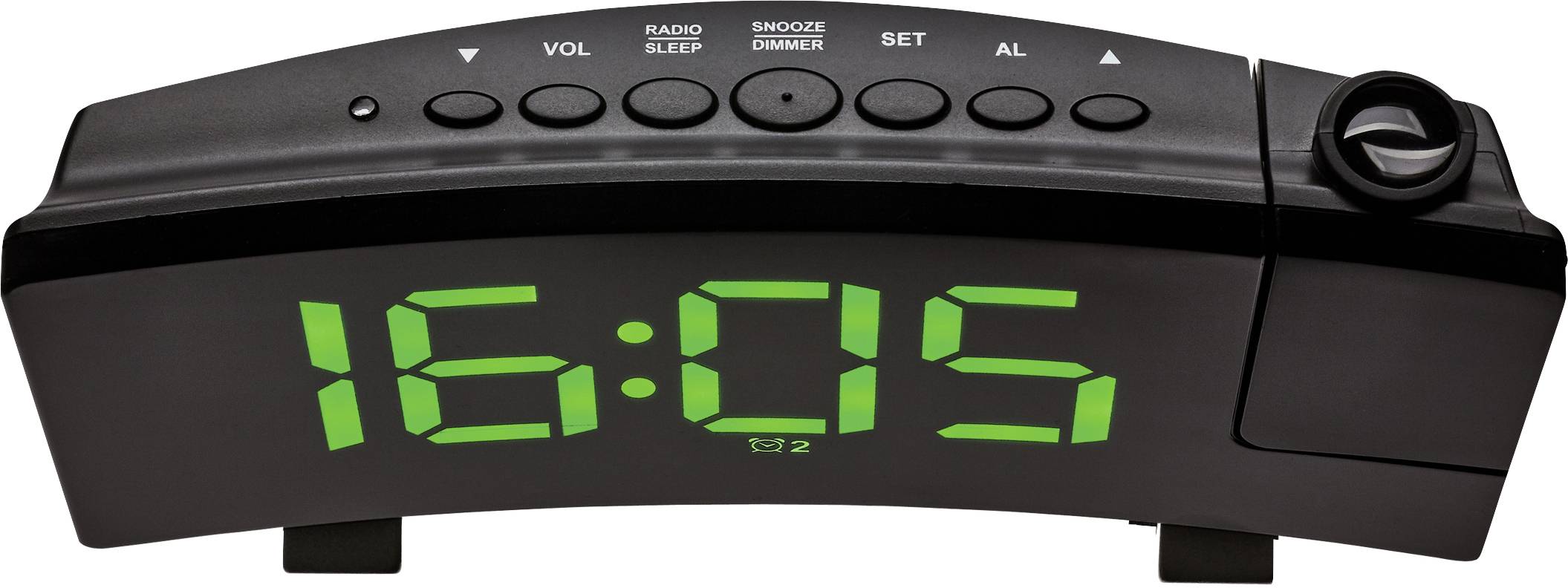 Digitale wekker met helder groene LED-display toont '16:05'. Bovenaan bevinden zich knoppen voor volume, radio, snooze en meer.