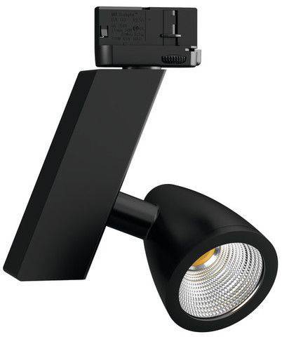 Zwarte LED-schijnwerper met een matte behuizing en ronde kop, ideaal voor gerichte verlichting van tentoonstellingsruimtes of woonomgevingen.