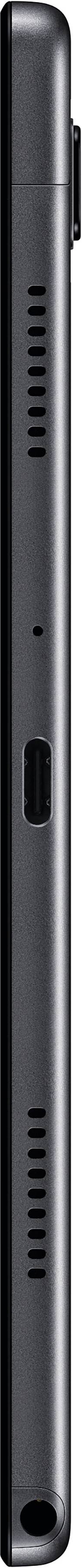 Zijaanzicht van een zwart, slank apparaat met luidsprekergaten en knoppen; vermoedelijk een mobiele telefoon of tablet.