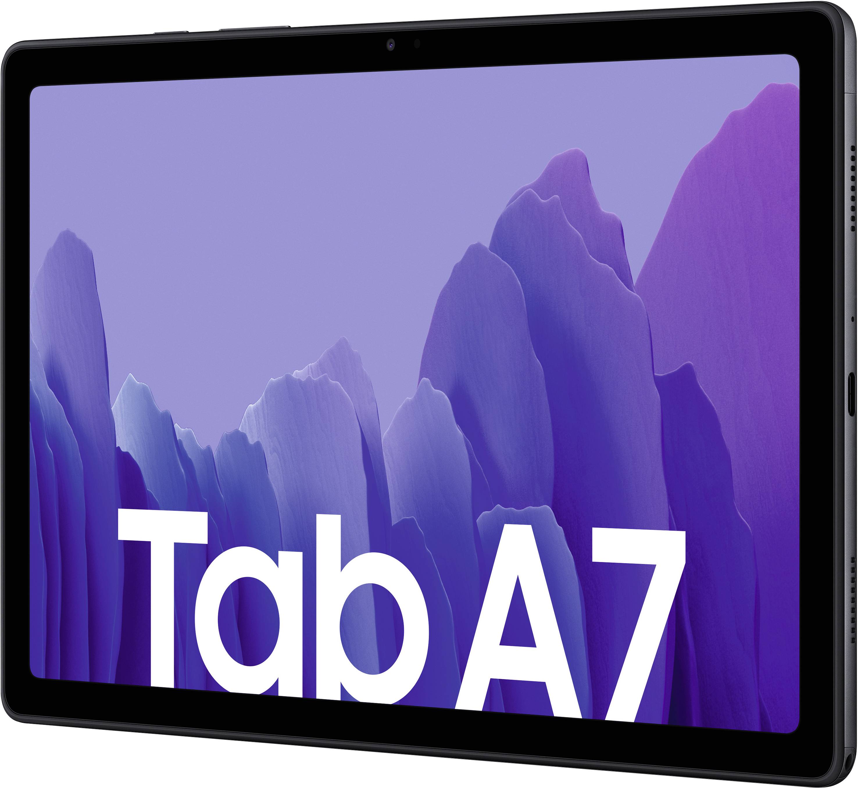Een tablet met een kleurrijke scherm toont het model 'Tab A7', omgeven door artistieke bergsilhouetten in blauw- en lilatinten.