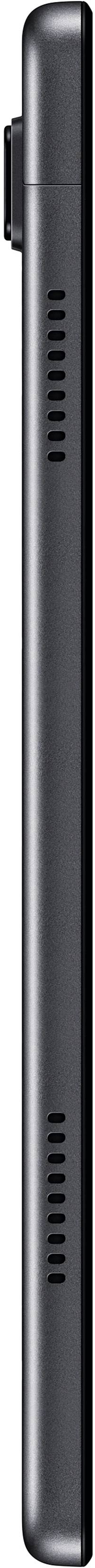 Zijaanzicht van een slanke zwarte smartphone met licht uitstekende camermodule bovenaan en luidsprekeropeningen aan de zijkant.