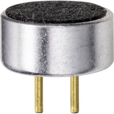 Klein, rond microfoon met zilveren behuizing en twee gouden aansluitpinnen aan de onderkant, tegen een witte achtergrond.