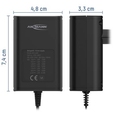 Twee aanzichten van een zwarte voeding met afmetingen: hoogte 7,4 cm, breedte 4,8 cm en diepte 3,3 cm.