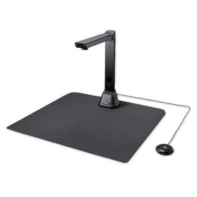 Een draagbare documentscanner met opvouwbare arm op een zwarte mat. Een ronde ontspanner is verbonden met een kabel.